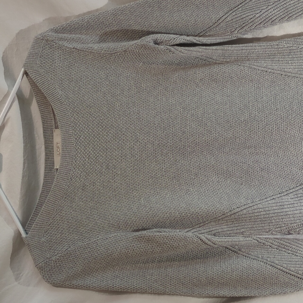 LOFT | Pointelle Stitched Cotton Sweater Pullover Grey Long Sleeve | XS